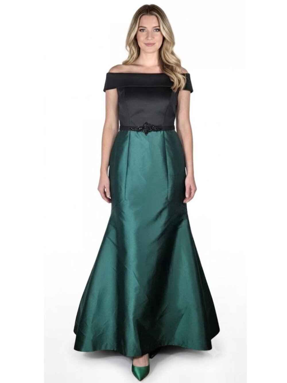 Eliza J Mixed Media Off The Shoulder Trumpet Gown, Green/Black, Womens Size 10